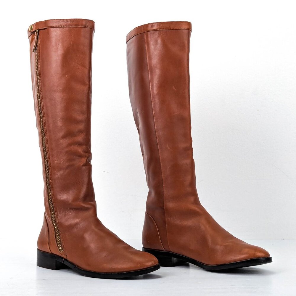 JCrew Wmn Harper Vintage Y2K Brown Leather Riding Equestrian Zip Tall Boots 5.5
